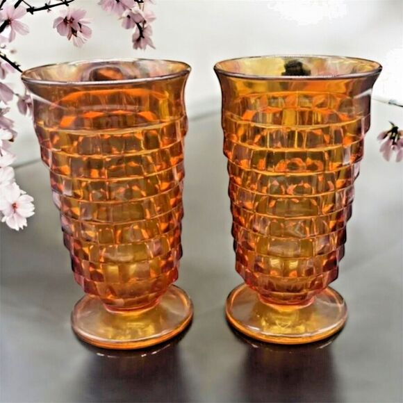 Set of 2 Vintage Whitehall Amber Cubist Footed Iced Tea Glasses 12oz - Indiana G - Picture 1 of 7